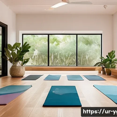 요가강사 수업 준비 체크리스트 - A serene yoga studio interior designed for a class in an Urdu-speaking community, featuring clean, a...