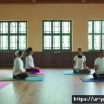 요가강사 창업 아이디어 - A serene yoga studio interior in Pakistan with traditional wooden floor and large windows showing a ...