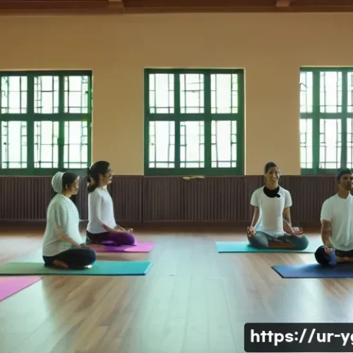 요가강사 창업 아이디어 - A serene yoga studio interior in Pakistan with traditional wooden floor and large windows showing a ...