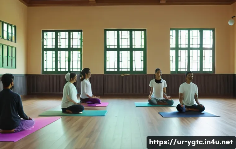 요가강사 창업 아이디어 - A serene yoga studio interior in Pakistan with traditional wooden floor and large windows showing a ...