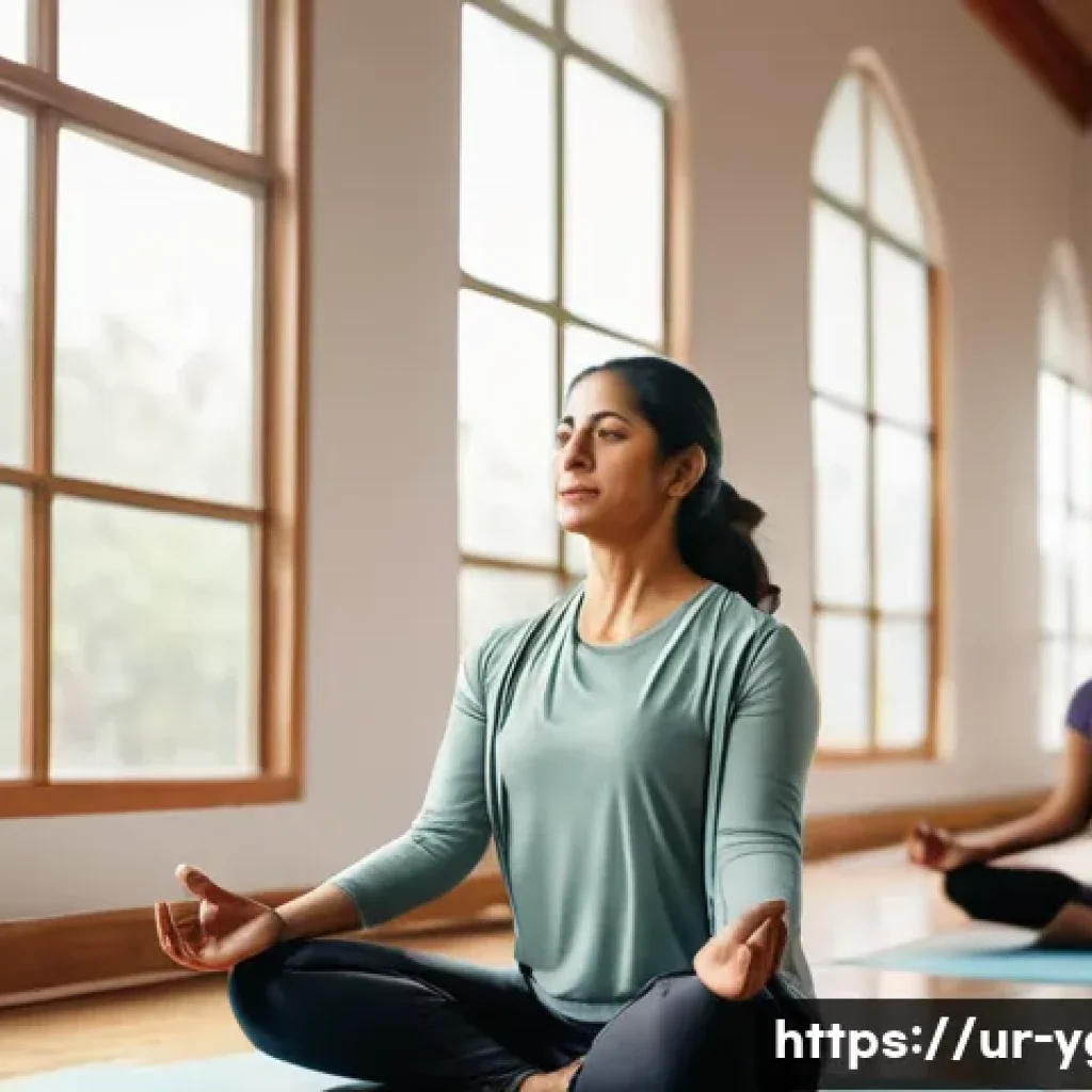 요가강사 심리 요가 지도 - A serene yoga class setting in a bright, spacious studio with soft natural light filtering through l...