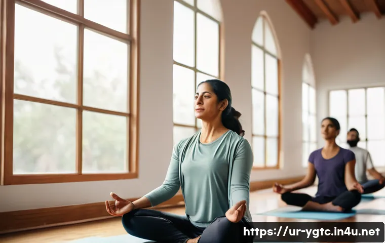 요가강사 심리 요가 지도 - A serene yoga class setting in a bright, spacious studio with soft natural light filtering through l...