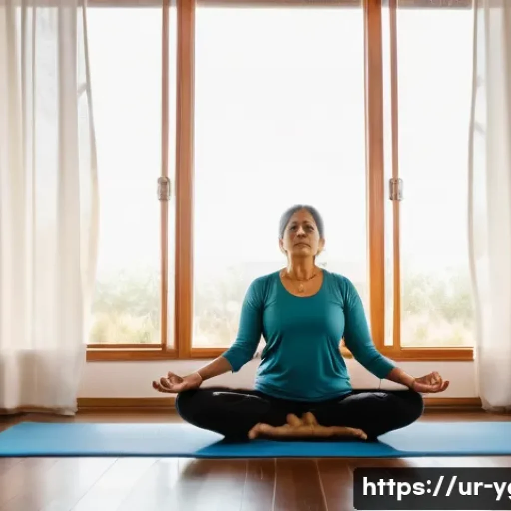 요가강사와 요가 철학 - A serene yoga studio scene featuring a middle-aged South Asian woman in modest, comfortable yoga att...