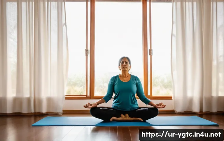 요가강사와 요가 철학 - A serene yoga studio scene featuring a middle-aged South Asian woman in modest, comfortable yoga att...