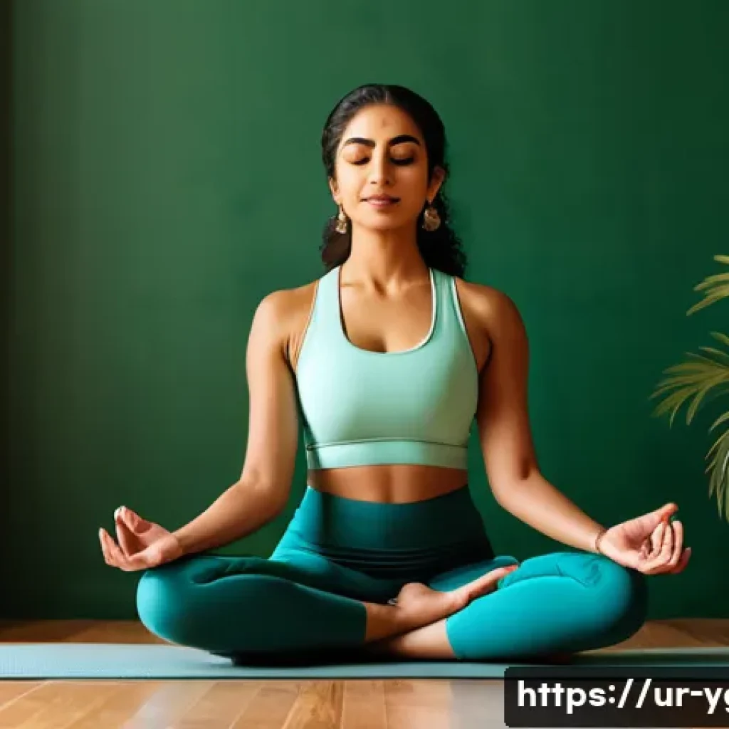 요가강사 트렌드 2025 - A serene digital yoga studio scene designed for an Urdu-speaking audience, featuring a female yoga i...