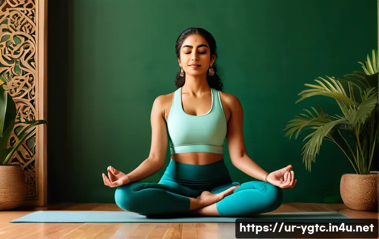 요가강사 트렌드 2025 - A serene digital yoga studio scene designed for an Urdu-speaking audience, featuring a female yoga i...