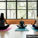 Home 22 요가강사 워크숍 개최 방법 - A serene yoga workshop setting in a spacious, well-lit room with large windows showing a lush garden...