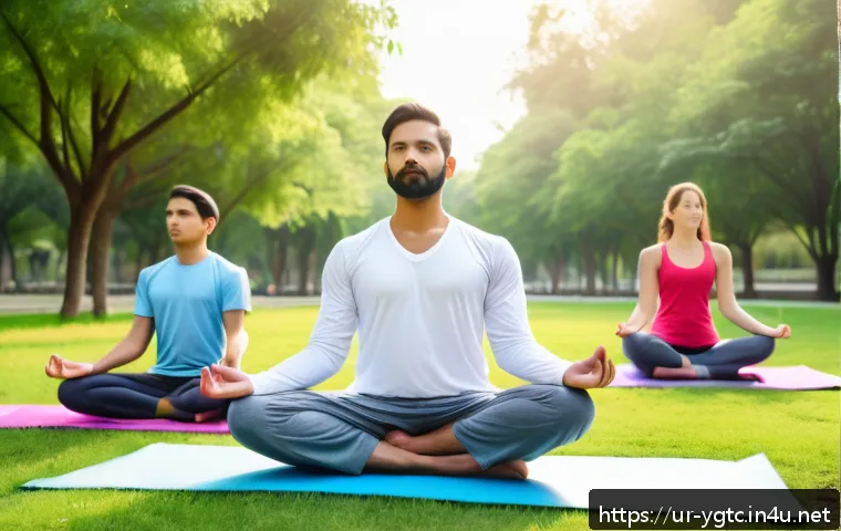 요가강사로서의 직업 만족도 - A serene yoga instructor leading a diverse group of students in an outdoor park during early morning...