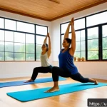 Home 19 요가강사 필수 중점 과목 - A serene yoga class in a bright, airy studio with large windows showing a peaceful garden outside; a...