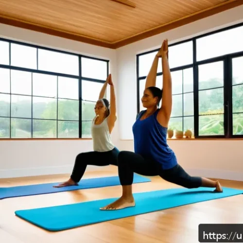 Home 31 요가강사 필수 중점 과목 - A serene yoga class in a bright, airy studio with large windows showing a peaceful garden outside; a...