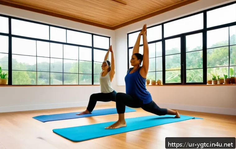 요가강사 필수 중점 과목 - A serene yoga class in a bright, airy studio with large windows showing a peaceful garden outside; a...