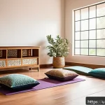 Home 23 요가강사로서 고객 충성도 높이기 - A serene yoga studio in Lahore with soft natural lighting and clean, minimalist décor, featuring a d...