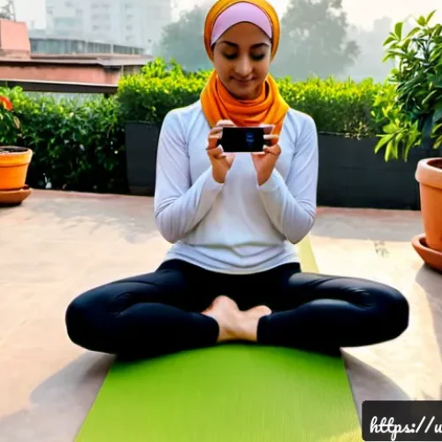 요가강사로서의 소셜 미디어 활용 - Photorealistic lifestyle scene of a Pakistani female yoga instructor in modest athletic wear and a l...